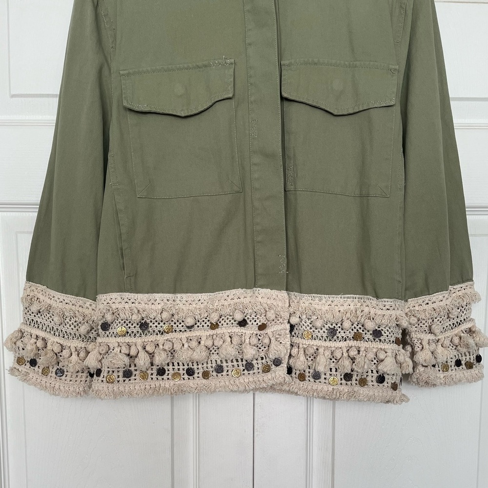{Zara Woman} Tassel Coin Fringe Trim Short Parka Utility Jacket in Green - Small - Picture 4 of 12